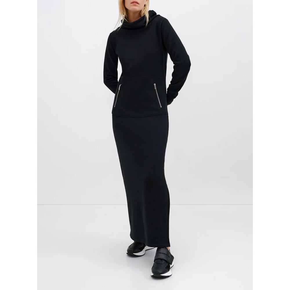 Marcella Allen Sweatshirt Maxi Dress Black Funnel Zip Pocket Athleisure SZ XS